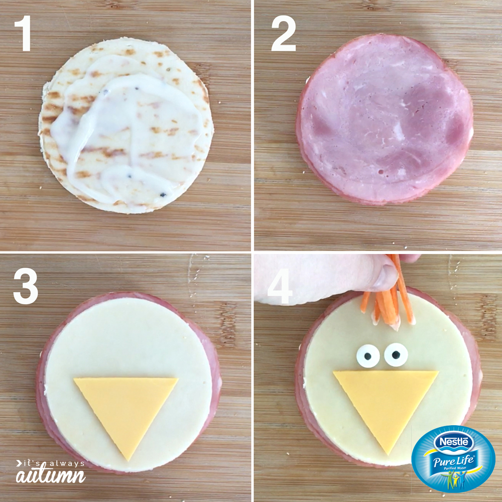 Steps to making a chick snack, pita circle layered with hand and cheese, cheese triangle for beak and candy eyes