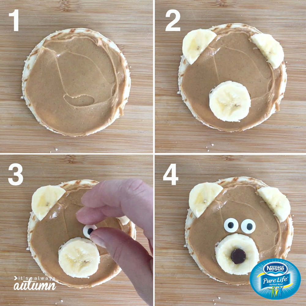 Steps to making a bear snack: pita circle layered with peanut butter, banana slices for ears and nose, candy eyes