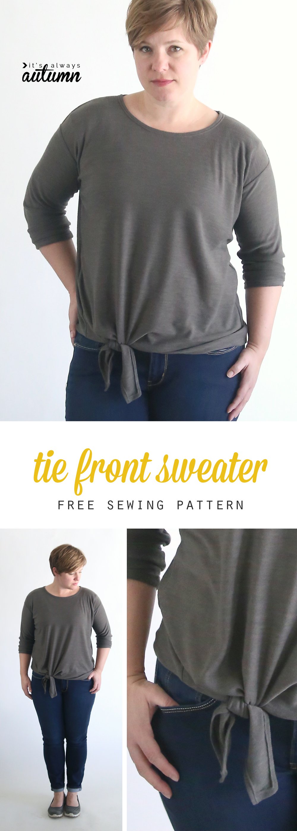 A woman wearing a sweater with a tie front hem made from a free pdf sewing pattern