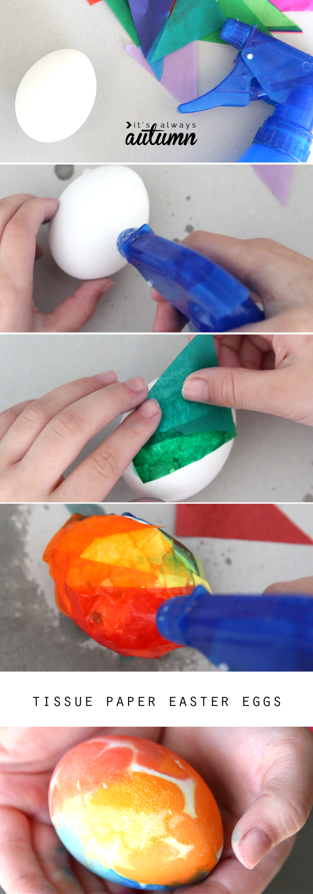 Hand placing pieces of tissue paper on Easter eggs sprayed with water