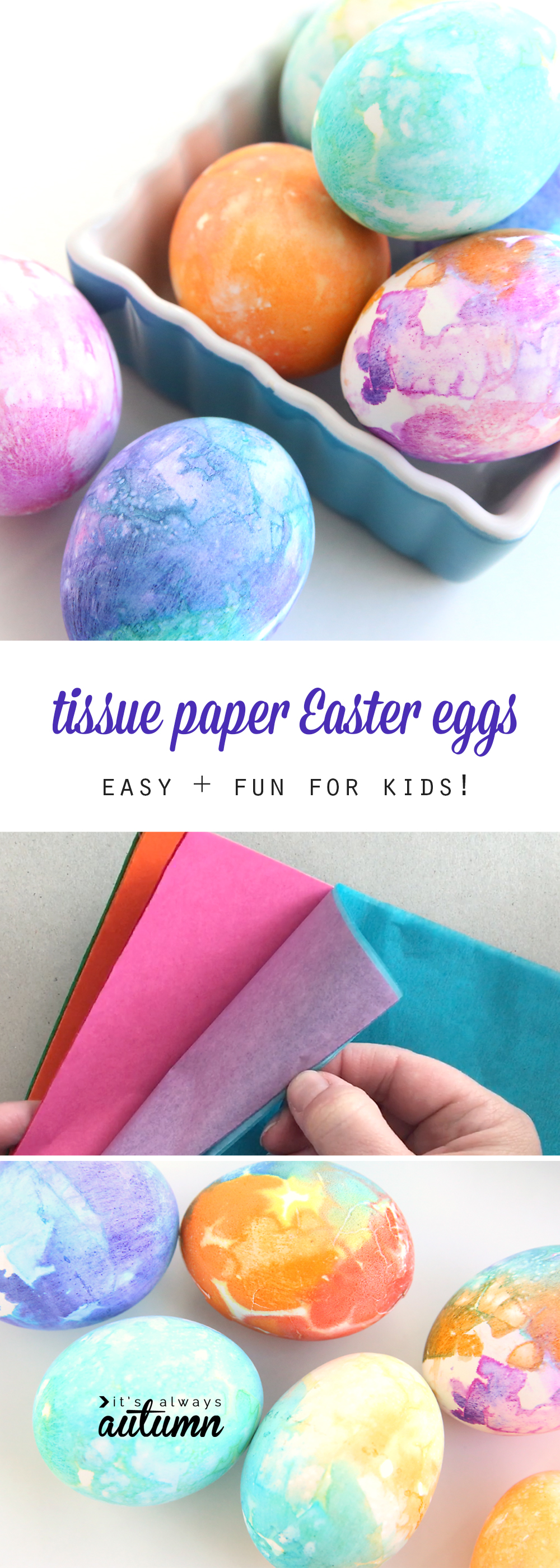 Tissue paper decorated Easter eggs; colorful tissue paper