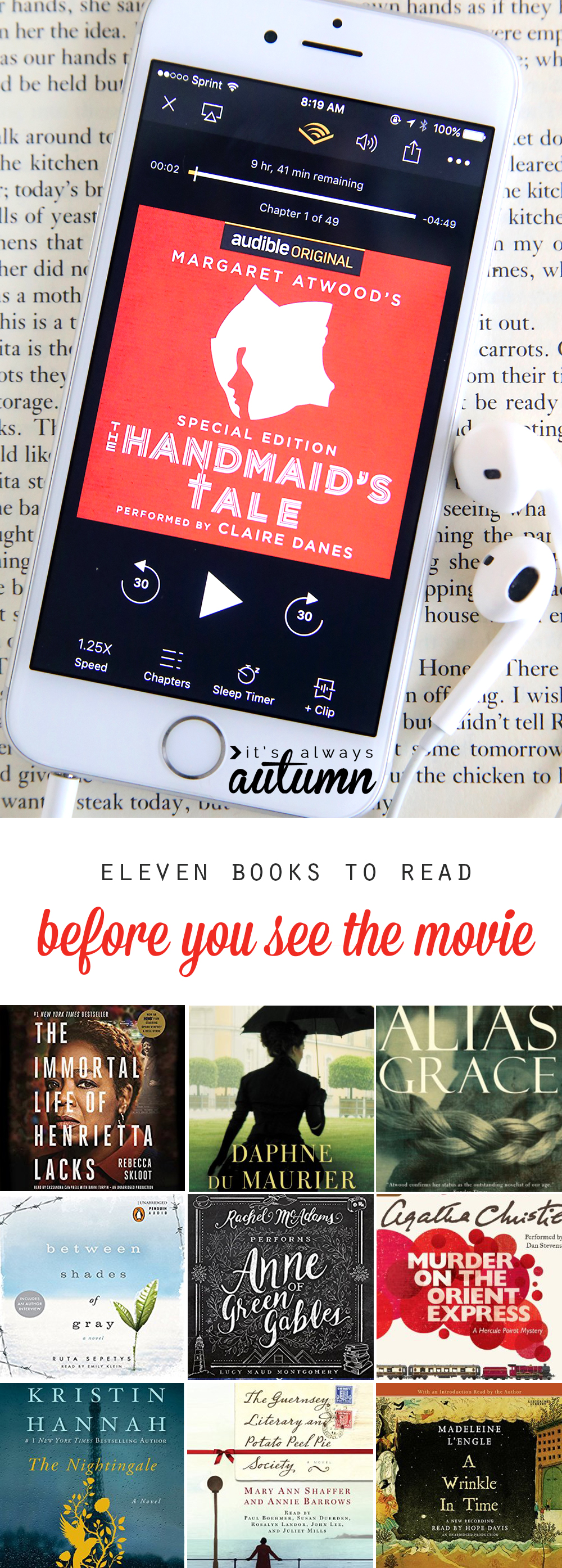 Phone with audiobook ready to play; collage of book covers
