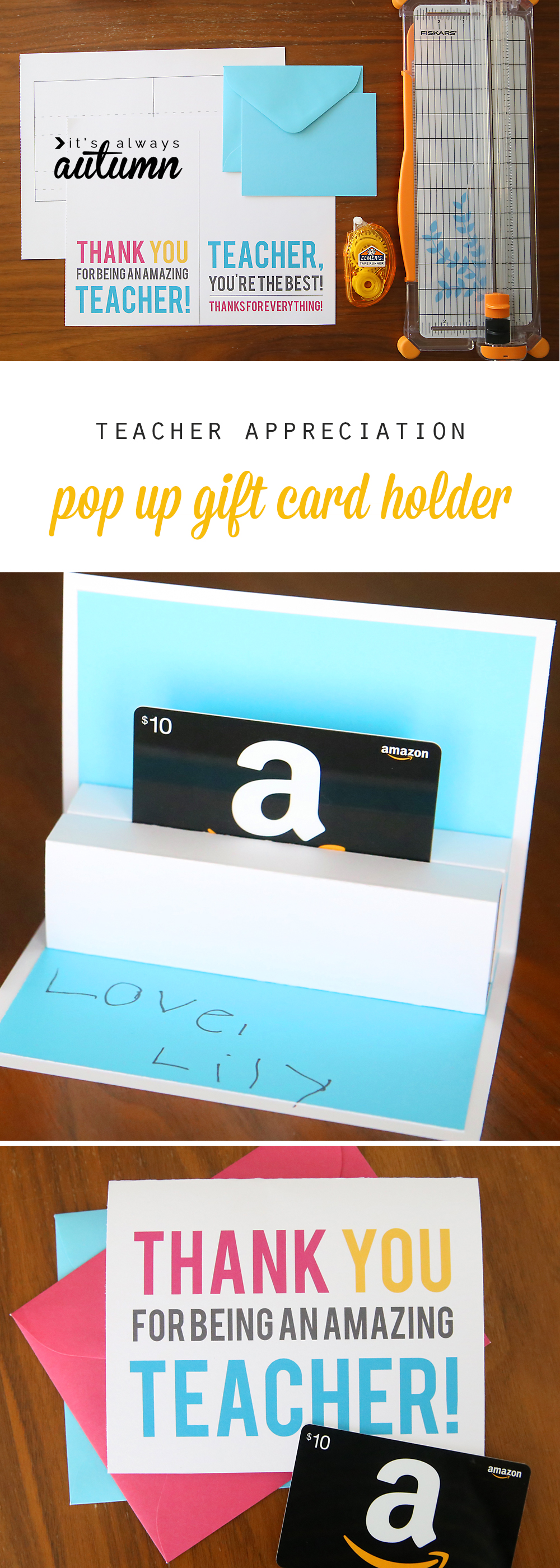 Pop up gift card holder for teacher appreciation