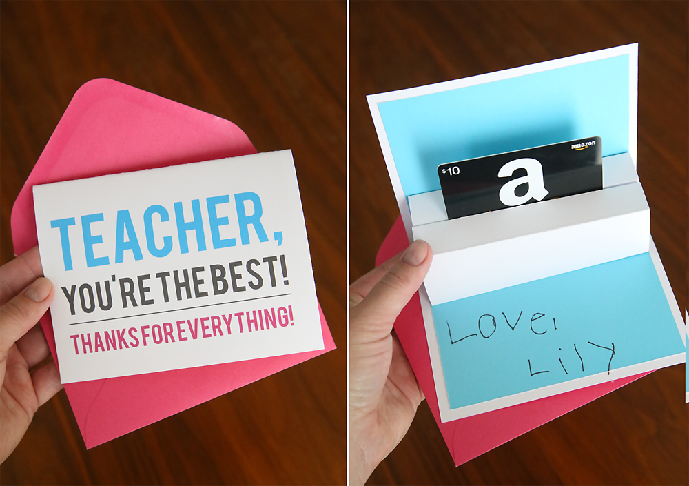 Teacher appreciation card; card opened showing pop up gift card