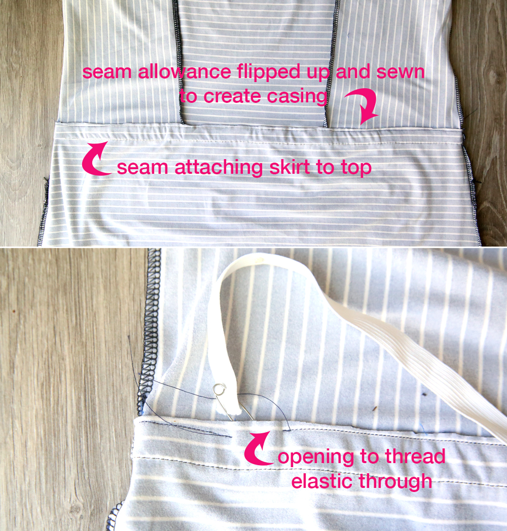 Dress bodice sewn to skirt; seam allowance pressed up and sewn down to create casing for elastic