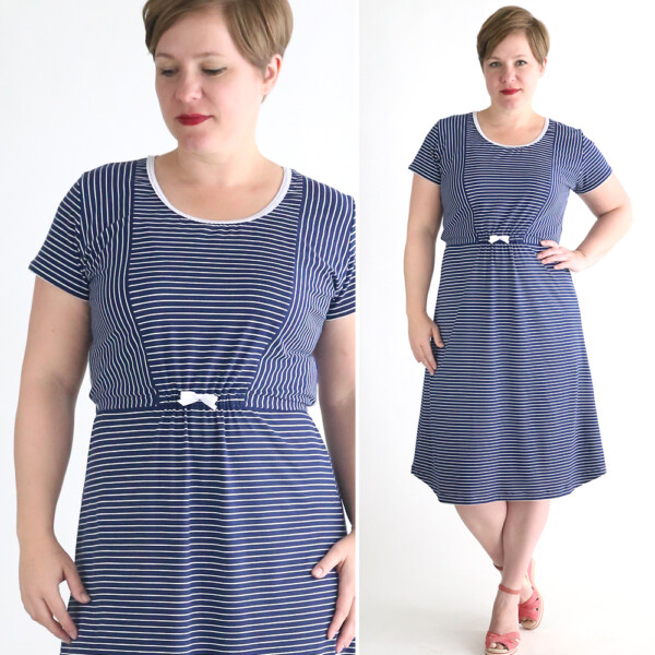 A woman in a striped t-shirt dress made from a free sewing pattern