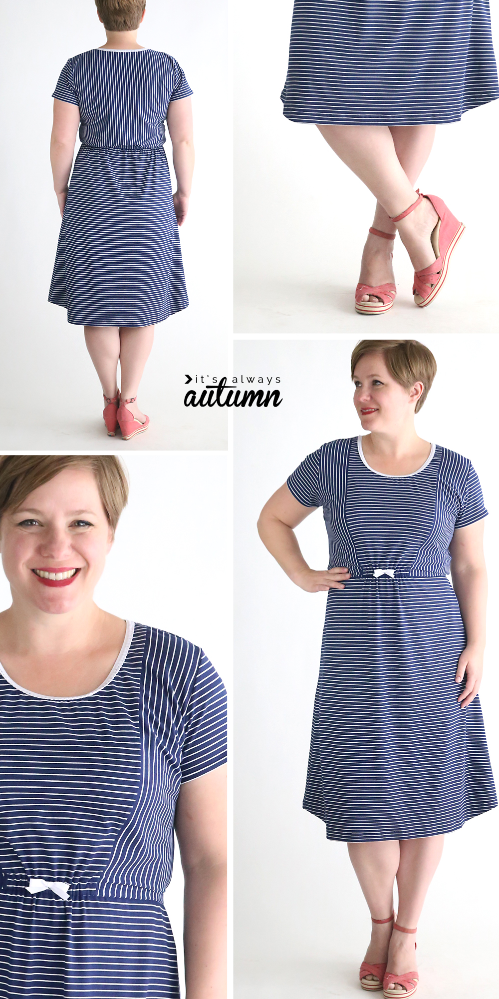 A woman in a striped t-shirt dress made from a free sewing pattern