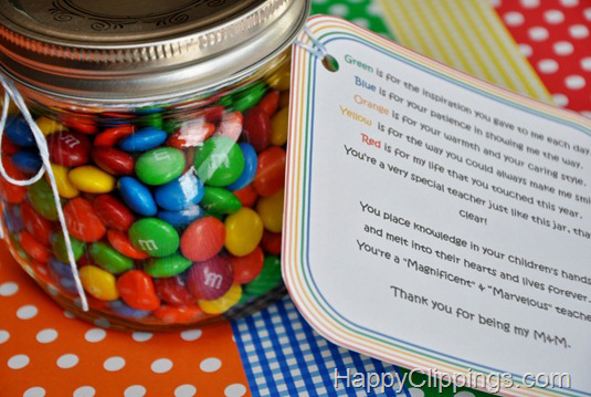 Jar of M&Ms with tag for teacher appreciation