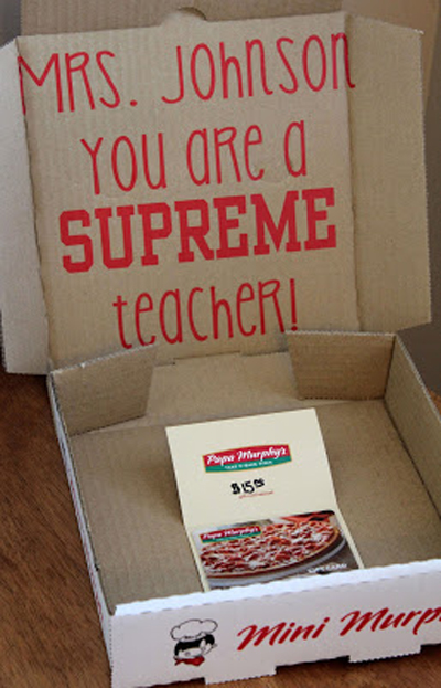 Opened pizza box that says you are a supreme teacher with gift card to pizza restaurant