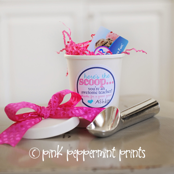 Ice cream container with gift card inside and ice cream scoop