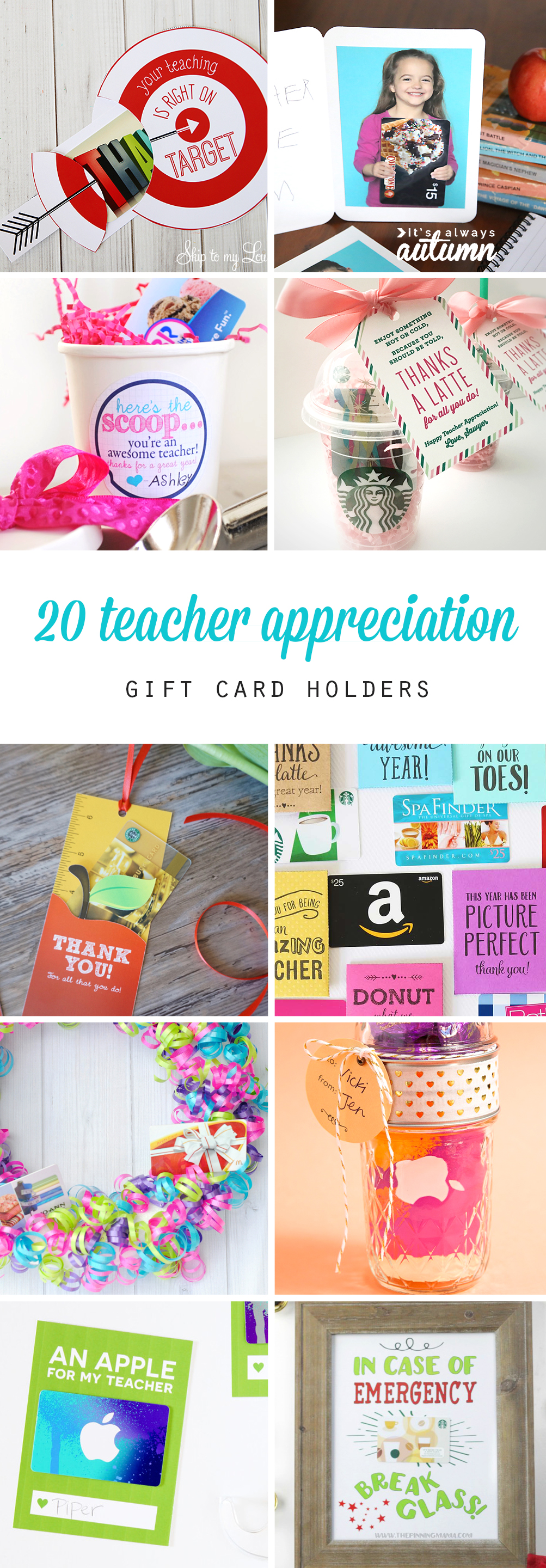 Collage of teacher appreciation gift card holders