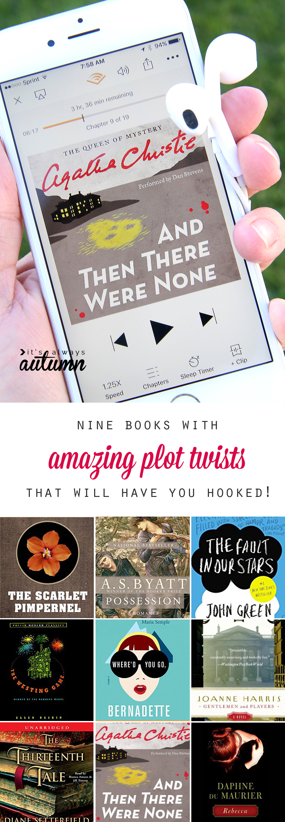 Phone ready to play audiobook, and collage of book covers