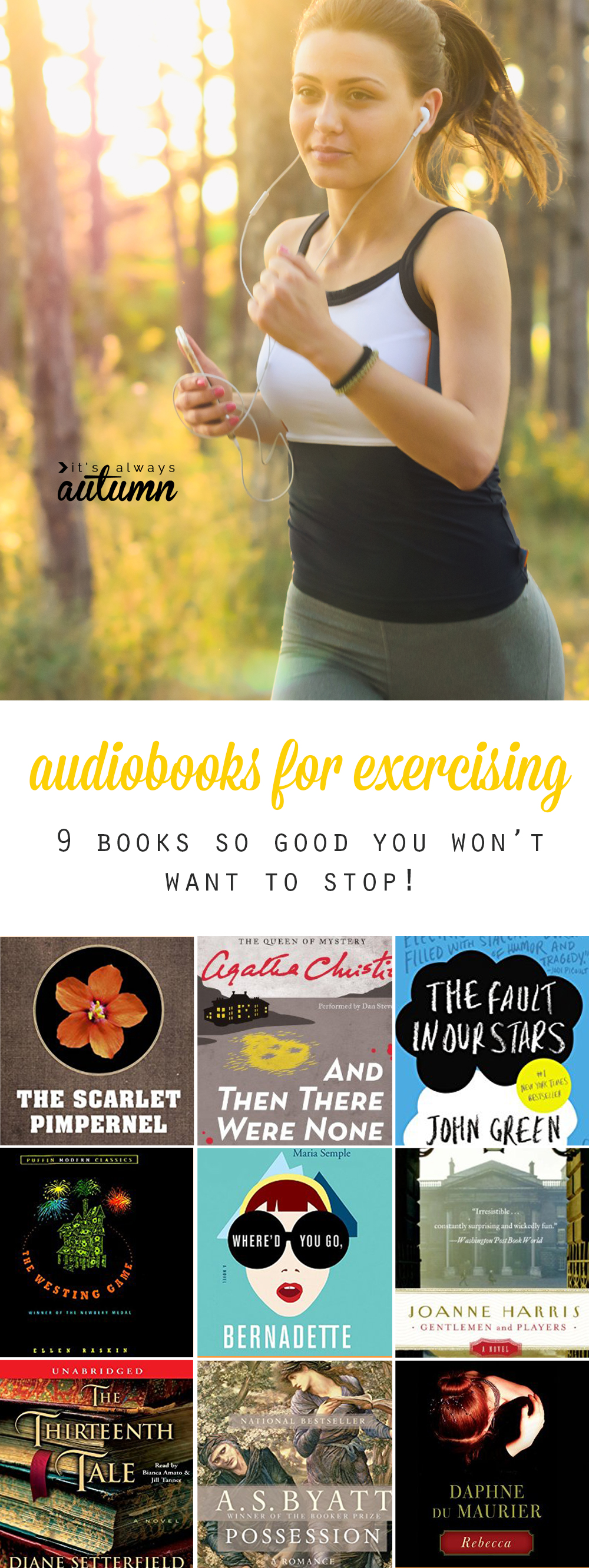 Woman jogging with earbuds in and collage of book covers