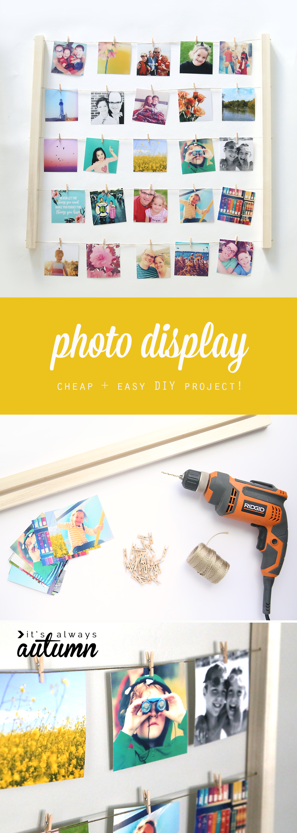 DIY clothespin photo display and supplies
