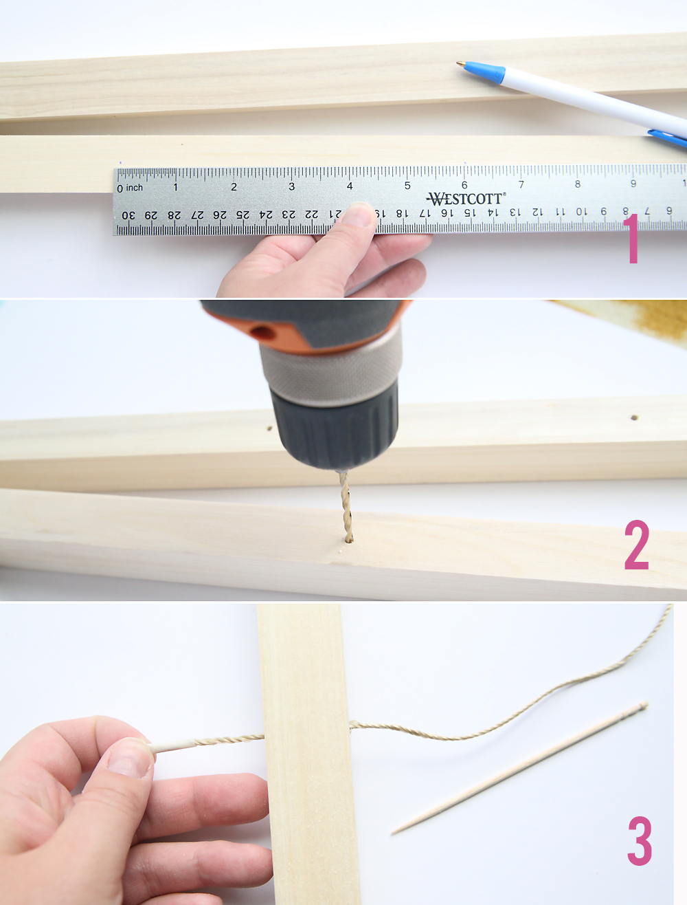 Marking and drilling holes in the dowels, and threading twine through holes