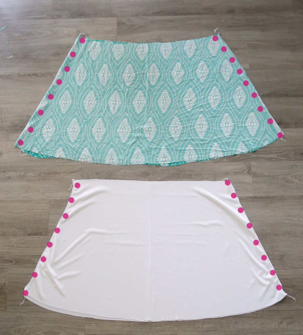 Gathered skirt pieces and lining pieces with side seams marked