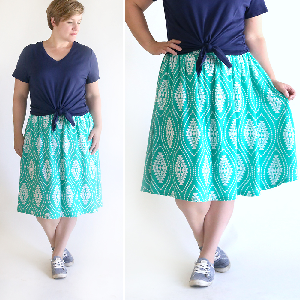 A woman wearing a gathered skirt made from a free sewing pattern
