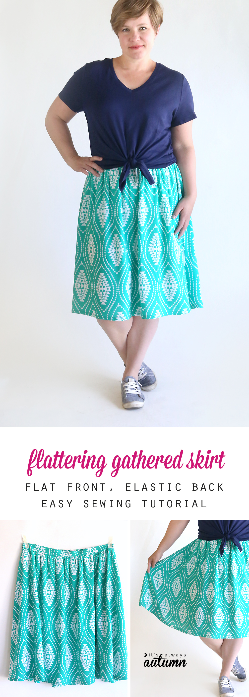 A woman wearing a gathered skirt made from a free sewing pattern