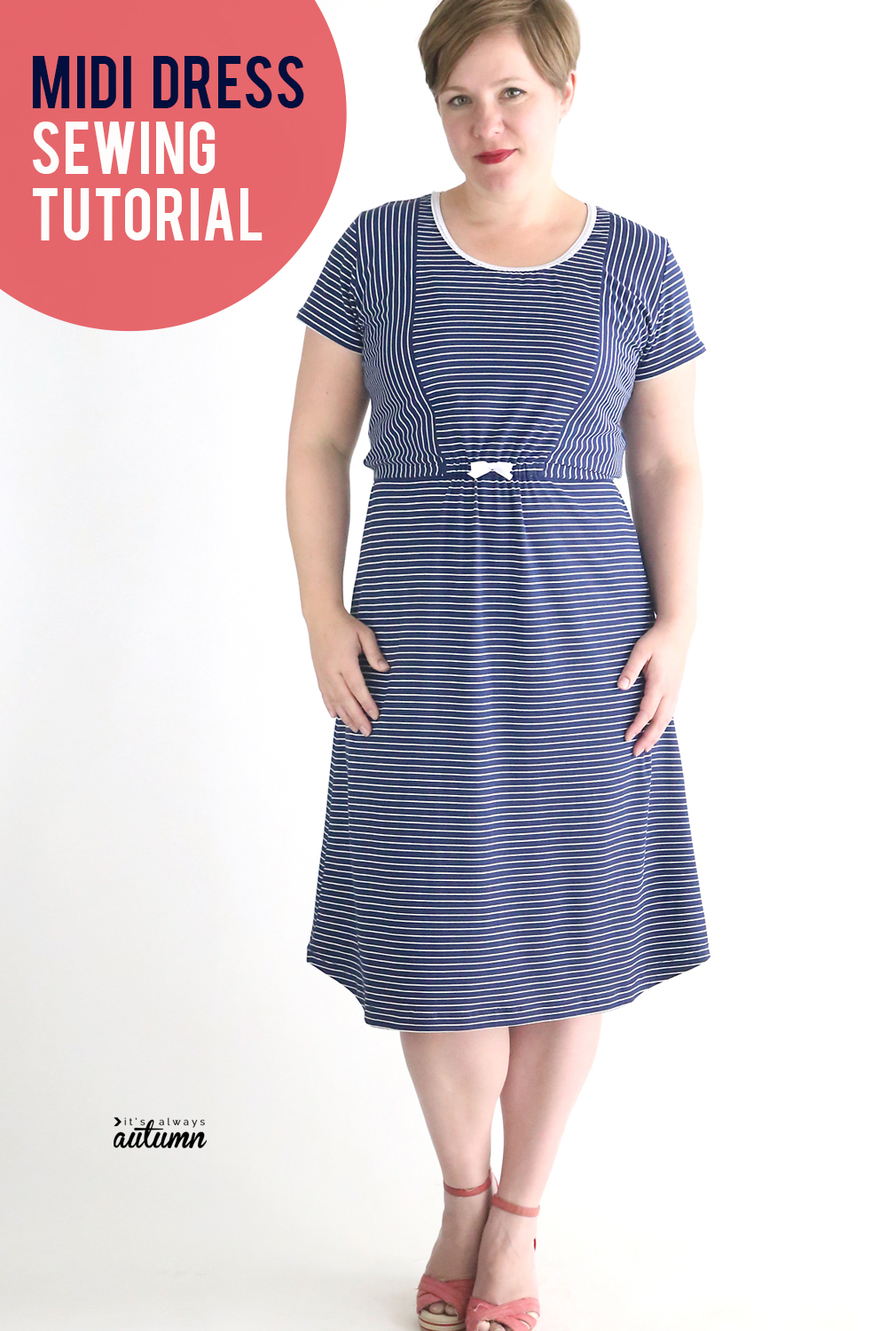 How to sew a cute midi dress using a free t-shirt pattern. Easy women's dress pattern and tutorial.