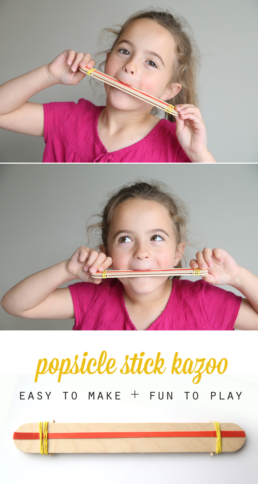 Girl playing DIY kazoo made with craft sticks and rubber bands