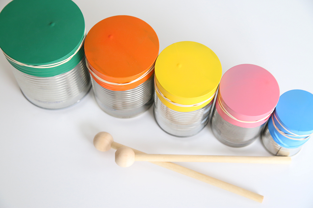 Drum set made from tin cans covered with balloons