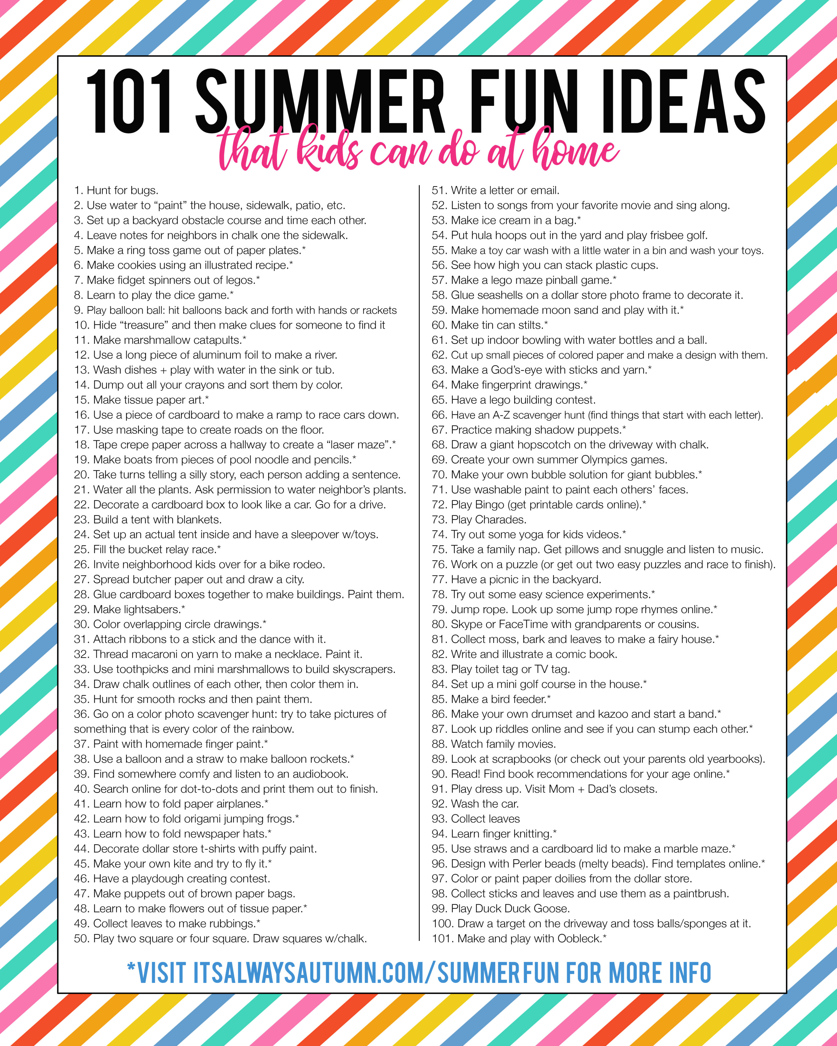 101 summer activities for kids that can be done at home! Games, crafts, and more.