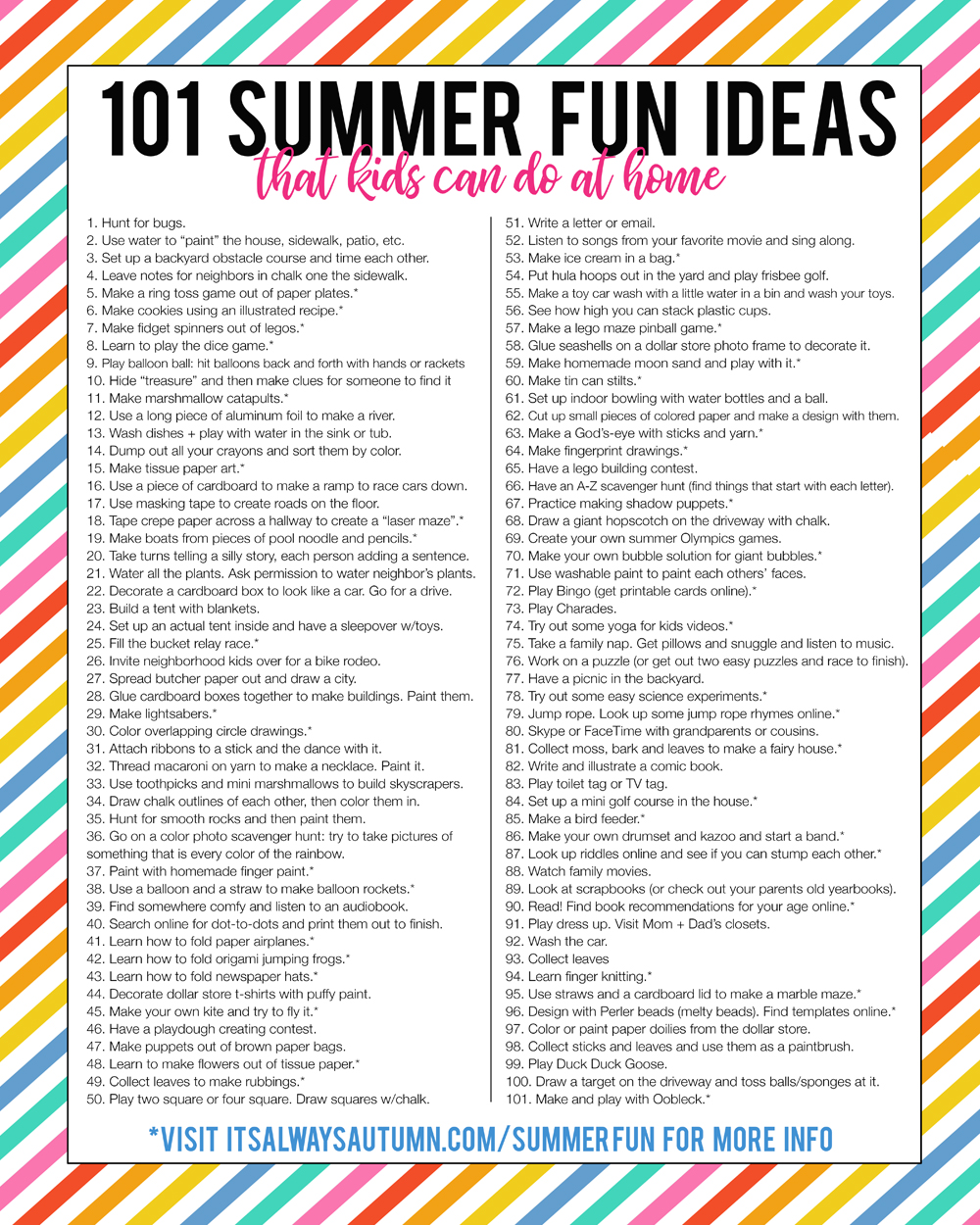 101 summer fun ideas for kids! These are easy, cheap, summer games, crafts and activities that kids can do at home. Good-bye summer boredom!