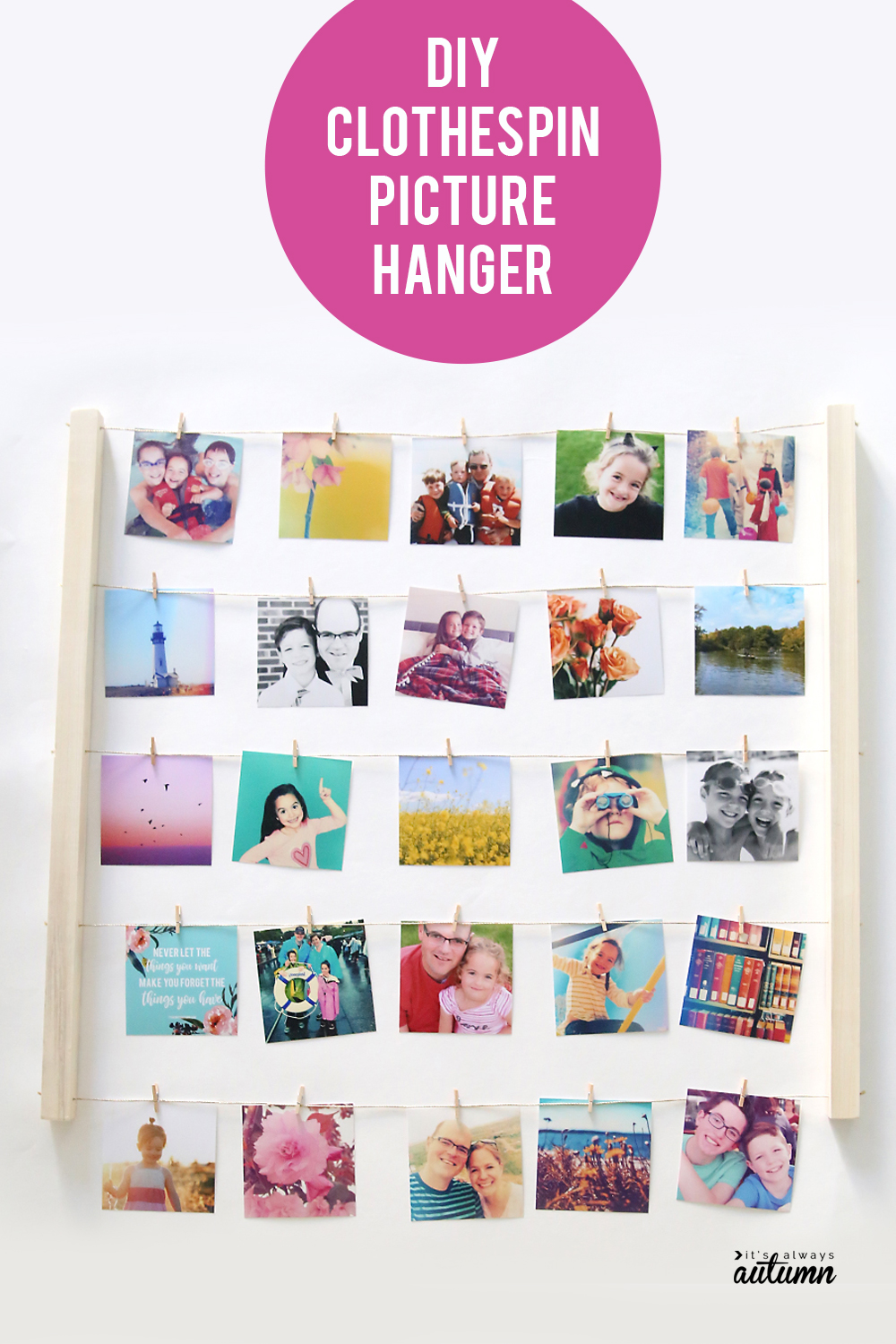 DIY clothespin picture hanger made from square dowels and twine