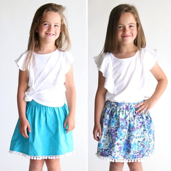 A girl wearing a reversible skirt that's blue on one side and floral on the other