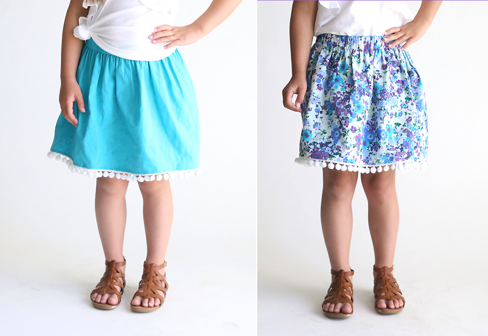 A girl wearing a blue skirt that can be reversed to be a floral skirt