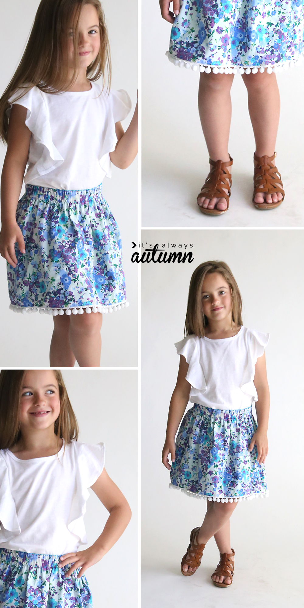 Little girl wearing a floral skirt with pom pom trim
