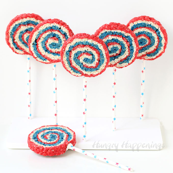 Red, white and blue spiral rice krispie treats