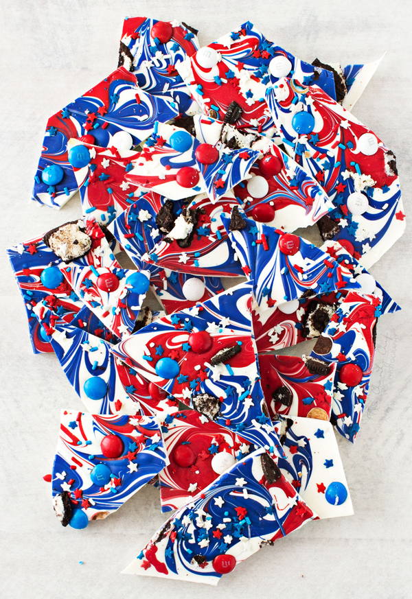 Pieces of red, white, and blue almond bark