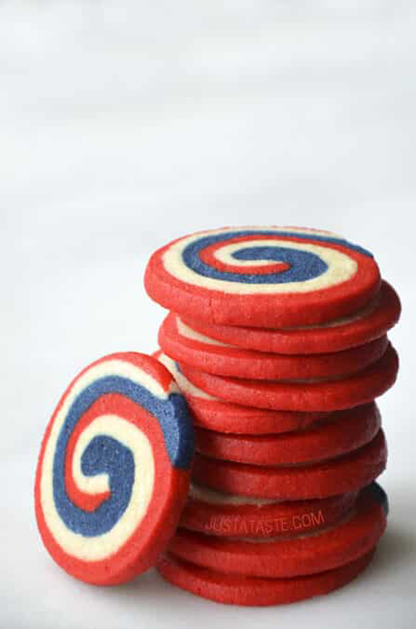 Stack of cookies with red, white and blue spiral for the Fourth of July