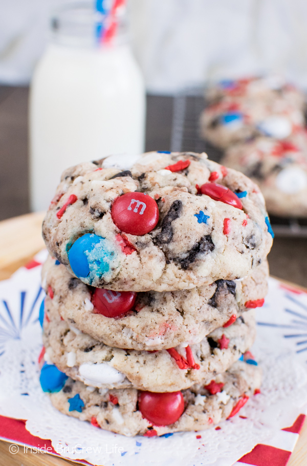 Cookies and cream cookies with Oreo pieces and red and blue M&Ms