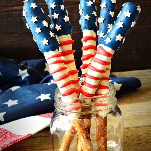 Pretzel sticks decorated with red and white stripes and stars