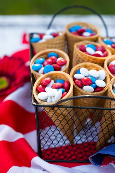 Ice cream cones filled with Fourth of July M&Ms