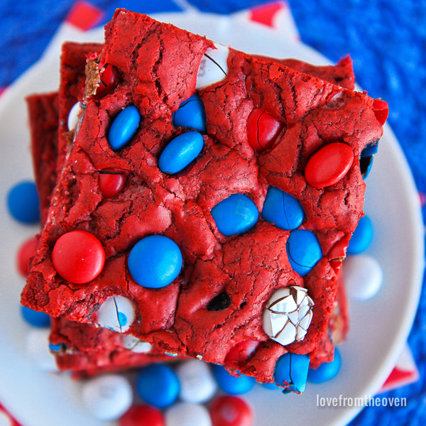 Red cookie bar with red, white, and blue M&Ms in it
