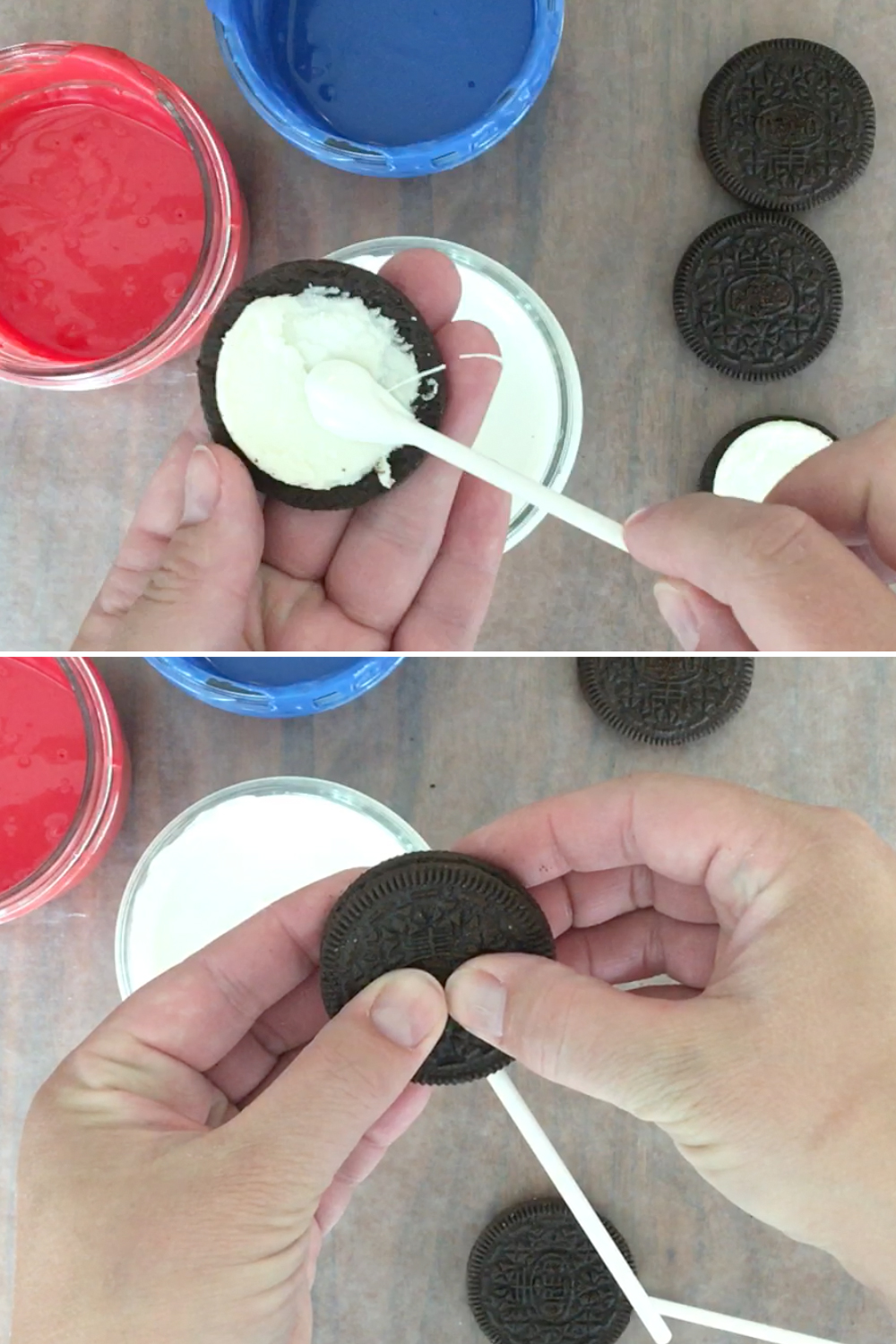 Sandwiching a candy pop stick inside a double stuffed Oreo