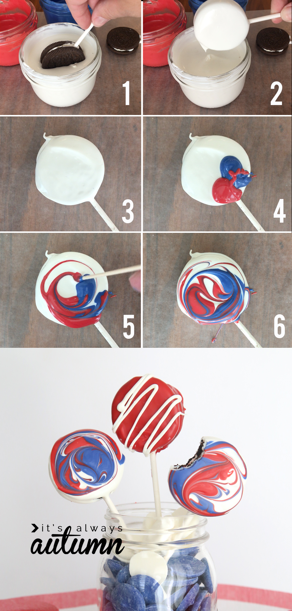 Steps to decorating a red white and blue Oreo pop for 4th of July