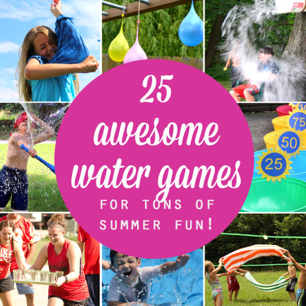 Collage of photos of water balloons and children playing water games