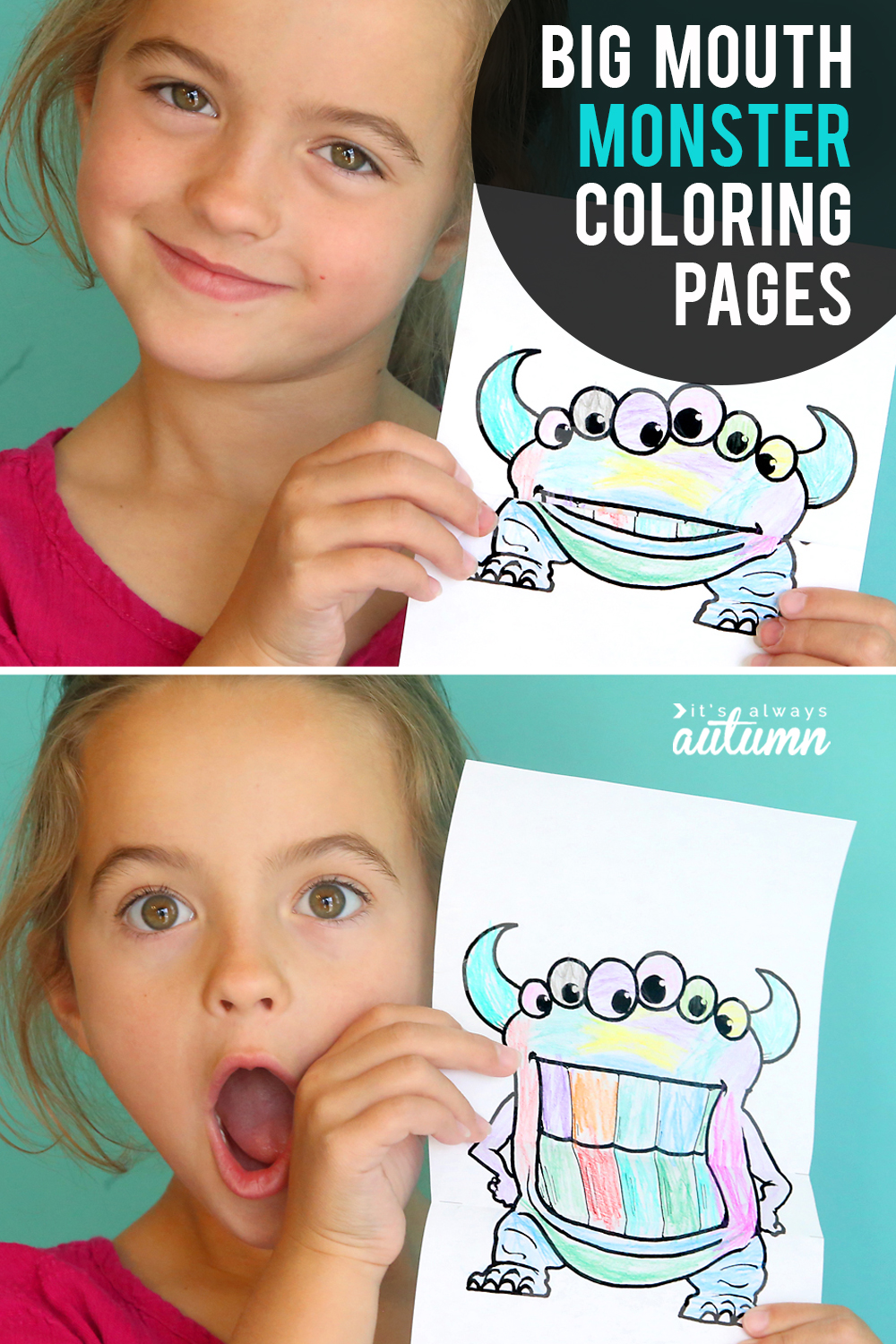 BIg mouth monster coloring pages are fun! Print them off, color them in, then fold and unfold to open and close the monster's mouth.