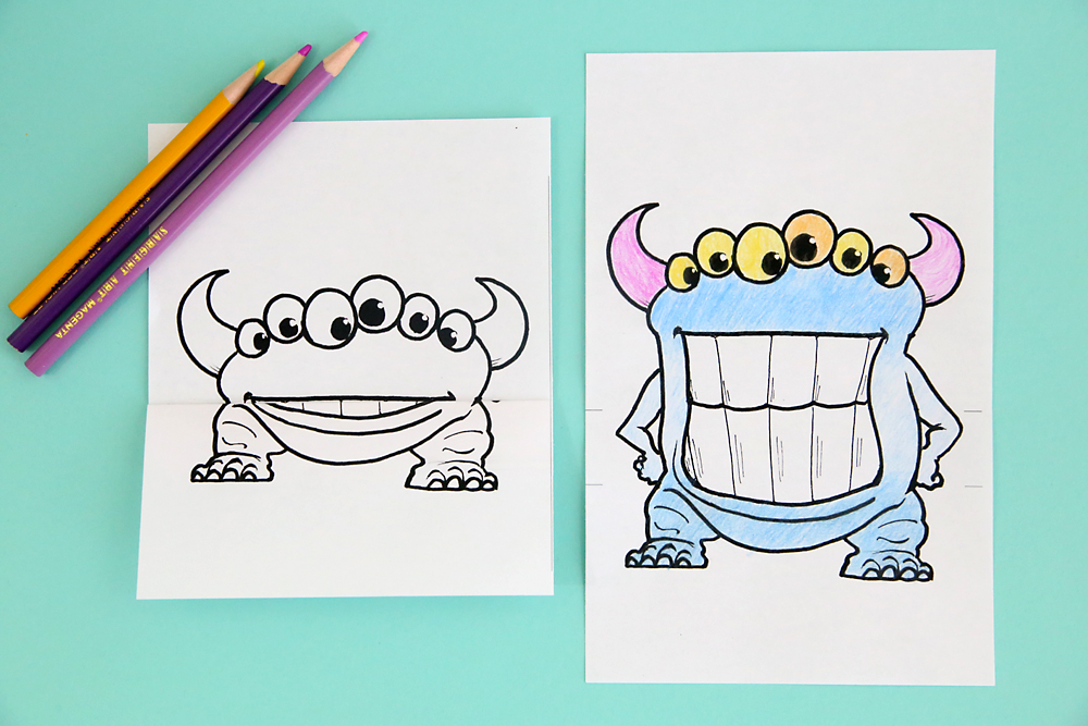 Monster coloring page, monster with big teeth and many eyes