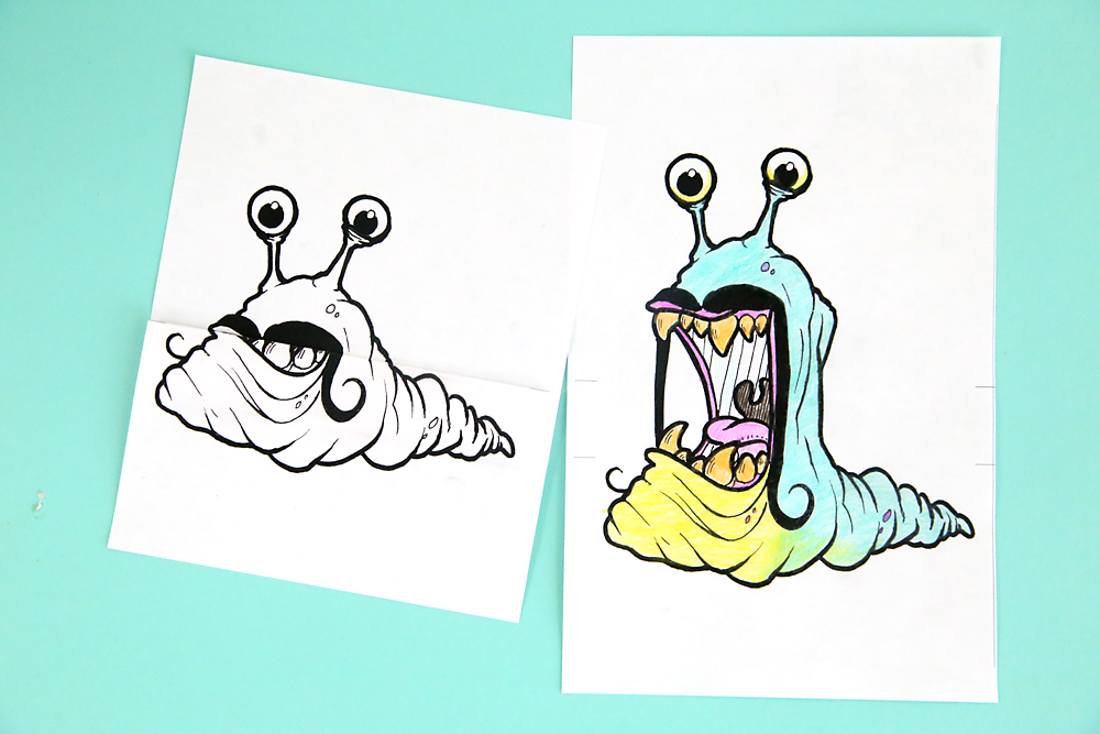 Monster coloring page, monster looks like a snail with mustache