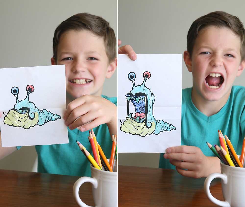 Big mouth monsters coloring pages are so much fun! Color and fold them, then open them up to reveal the giant mouth! These kept my kids busy for hours. Fun, free, easy activity for kids.