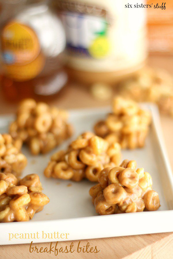 Peanut butter Cheerio breakfast bites on a tray