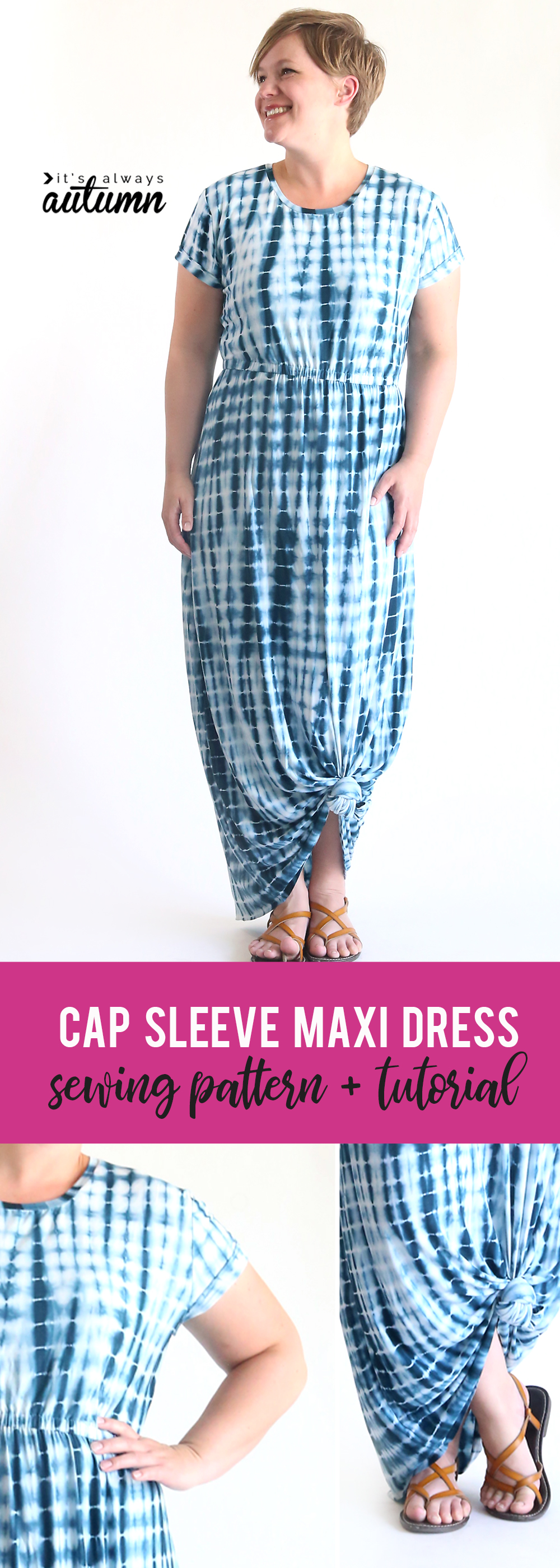 Woman wearing cap sleeve maxi dress with elastic waist made from a free t-shirt pattern