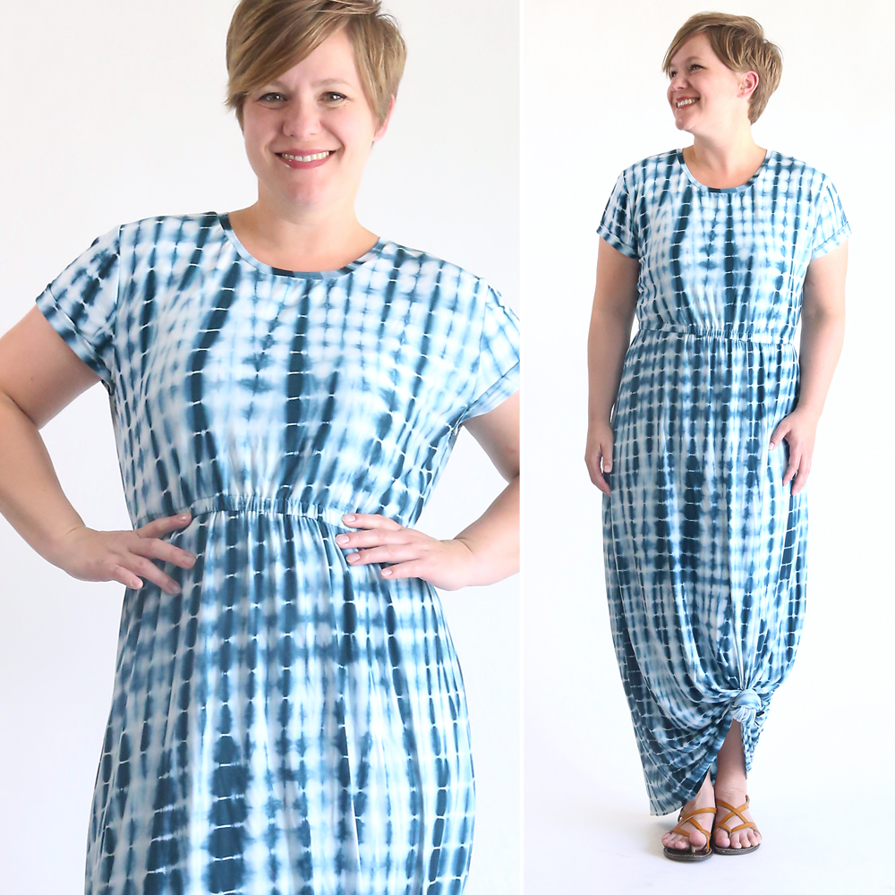 how to sew an easy cap sleeve maxi dress using a free tee shirt pattern. easy sewing tutorial. maxi dress with sleeves.