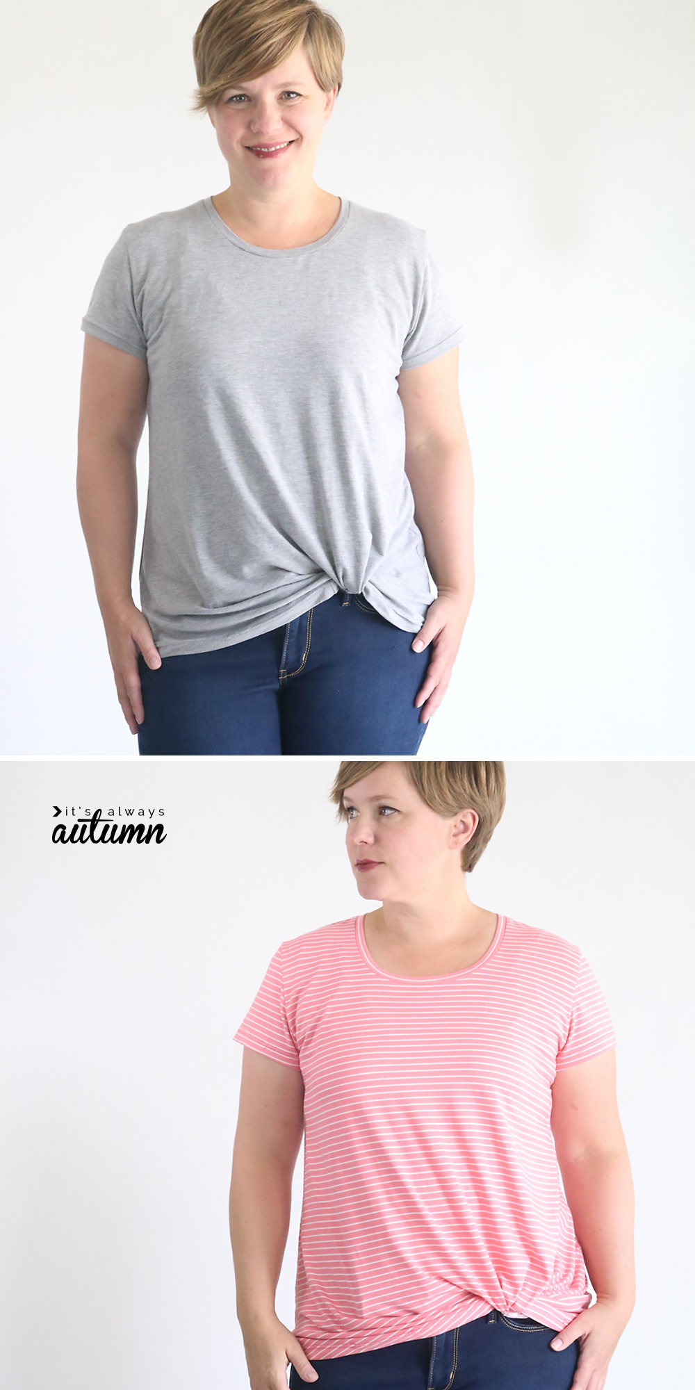 Collage: woman wearing gray knot hem t-shirt; woman wearing pink knotted hem tee shirt