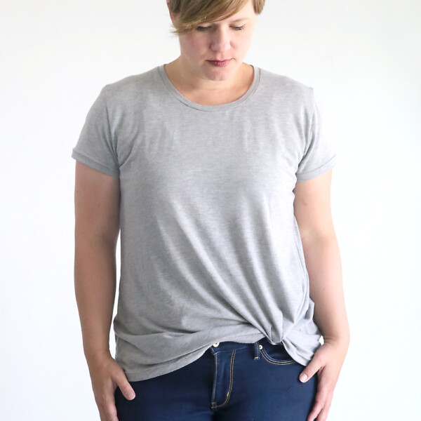Woman wearing gray t-shirt made from the twist knot tee sewing pattern